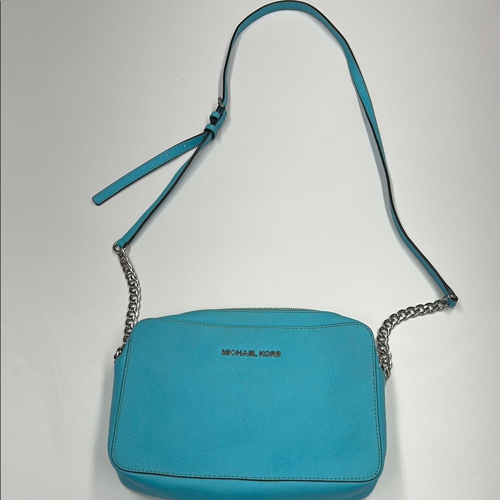 Michael Kors Blue Crossbody Bag with Chain Strap and Structured Design